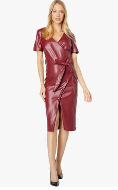 BARDOT Womens Wrap Midi Dress Large US 8 Red Burgundy Vegan Leather NWT